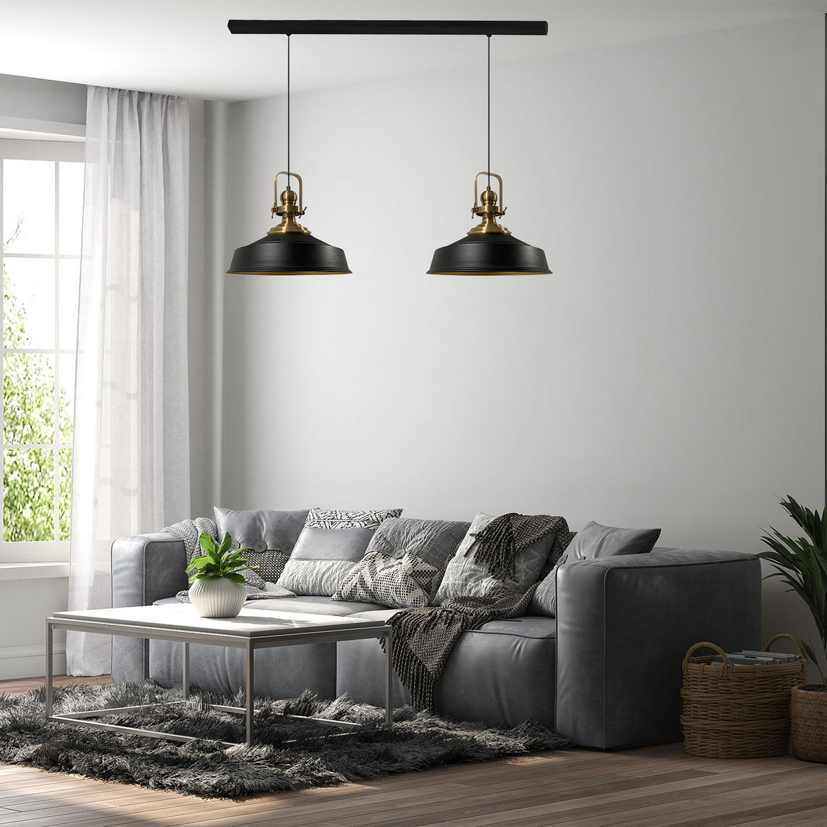 PENDELLEUCHTE Asletl 2 Flammig 41/36 cm - Schwarz, Metall (36/41/28cm) - Bamyum