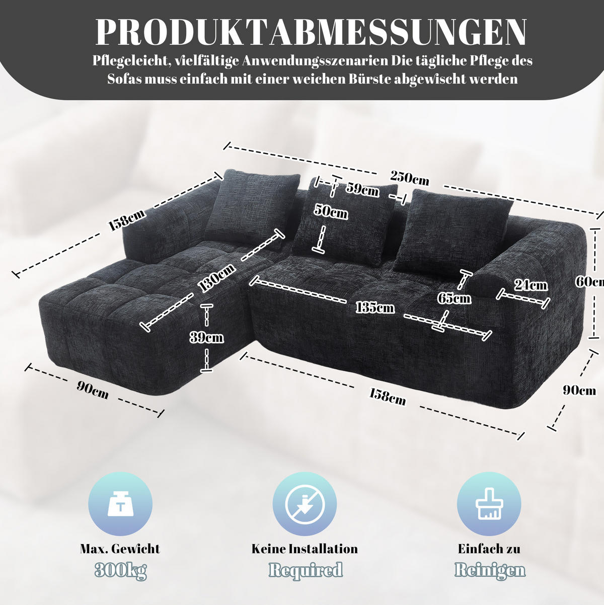 SOFA mit Chaiselongue 250 x 158 cm Chenille Black - Schwarz, Textil (158/250cm) - Meubliv