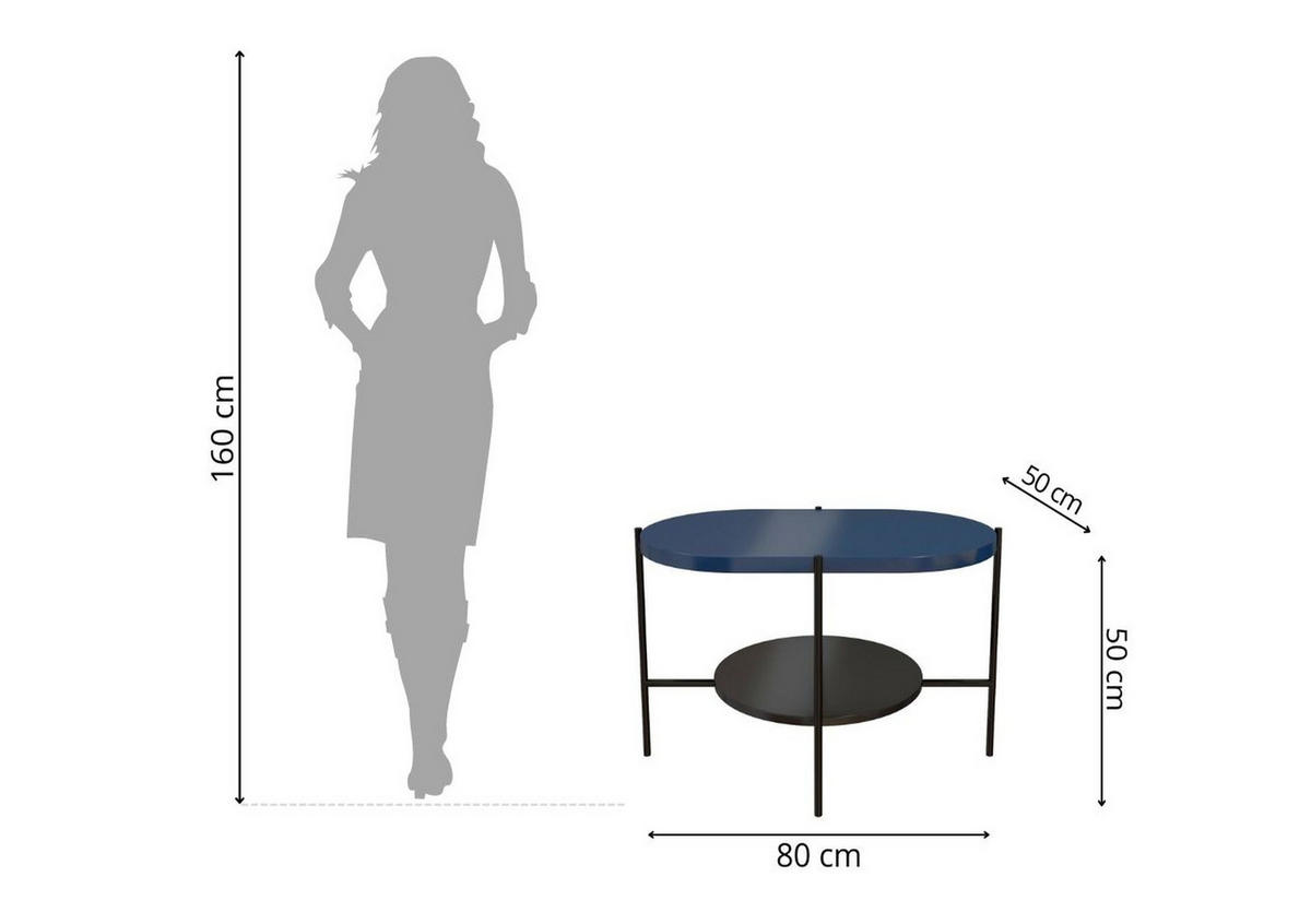 COUCHTISCH Arena, Marineblau, Schwarz, Oval - Schwarz/Dunkelblau, Holzwerkstoff/Metall (50/80/50cm) - Dancan