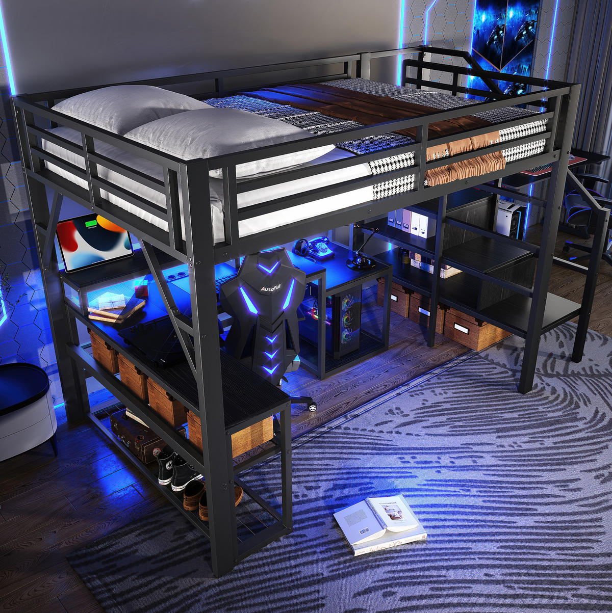 HOCHBETT aus Metall und MDF 140x200 cm Schwarz mit Schreibtisch, Stauraum, LED-Beleuchtung und USB-Anschluss - Schwarz, Metall (140/200cm) - IVMEU