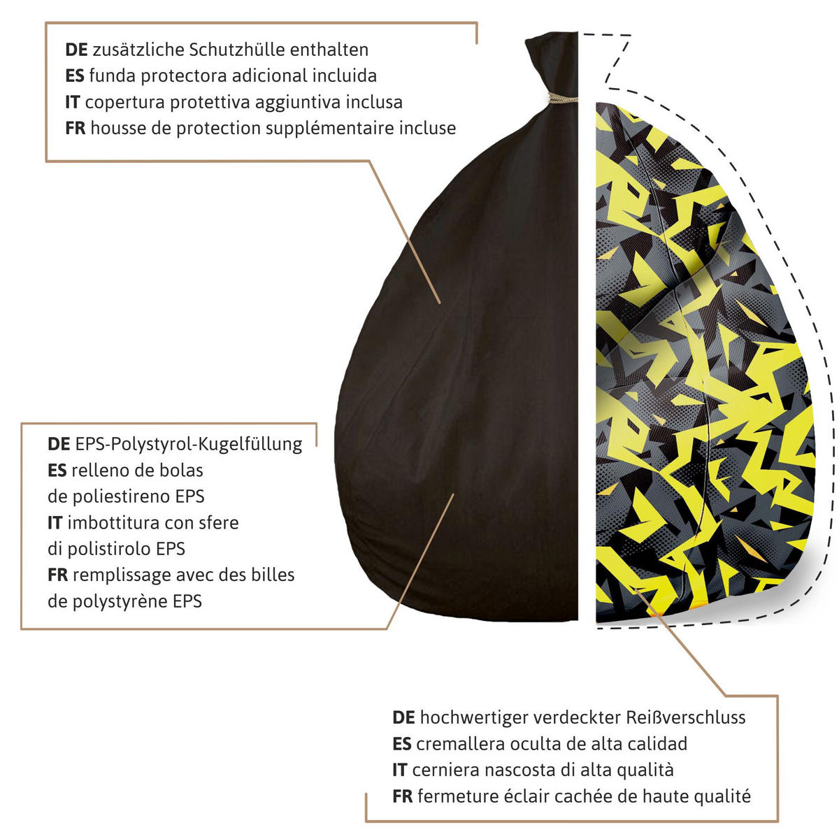 SITZSACK MIT FUßSTÜTZE Oxford 2-tlg Yellow Car M - Gelb, Textil (80/120/80cm) - Dreamroots