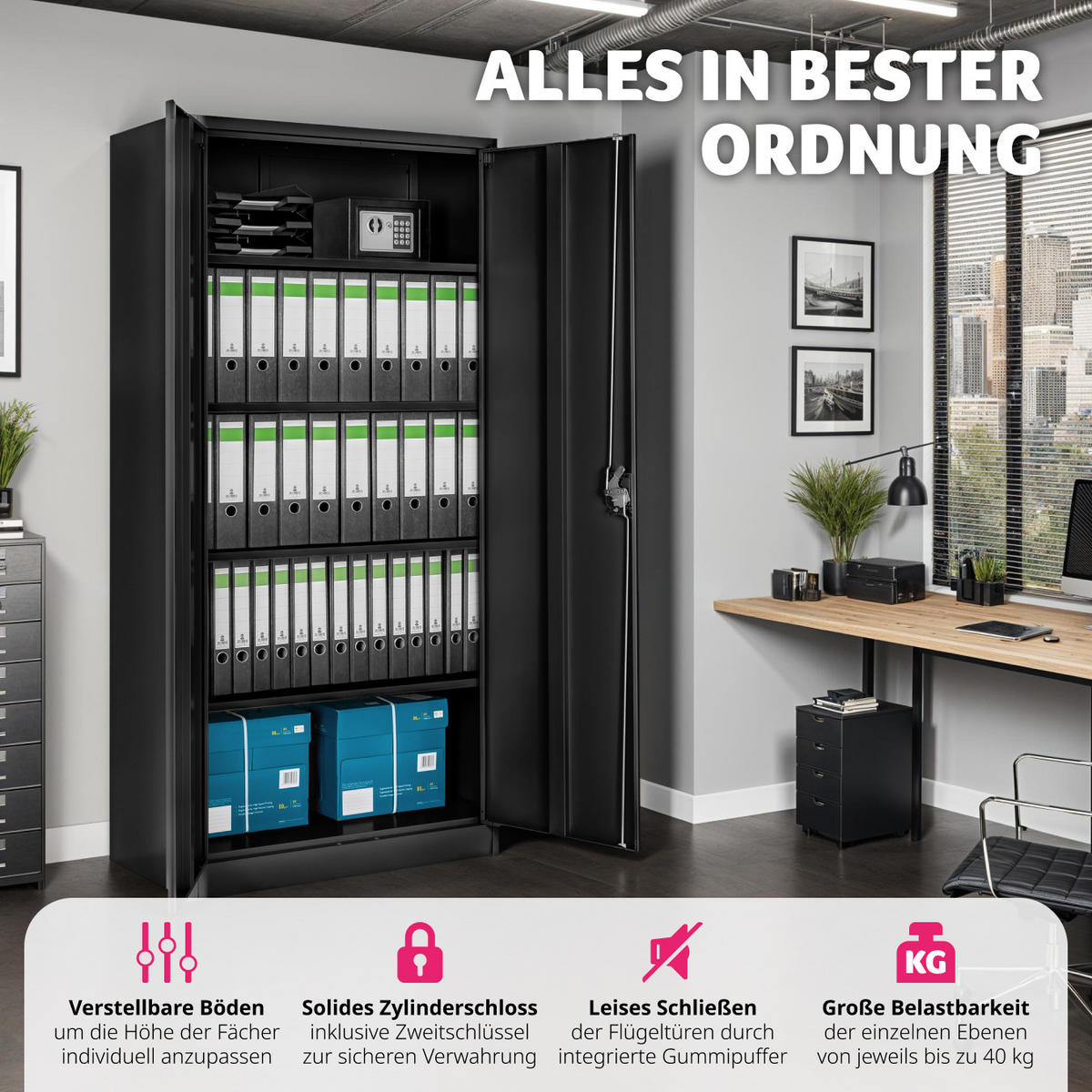 AKTENSCHRANK ,180 x 90 x 40 cm,schwarz - Schwarz, Metall (40/180/90cm) - tectake