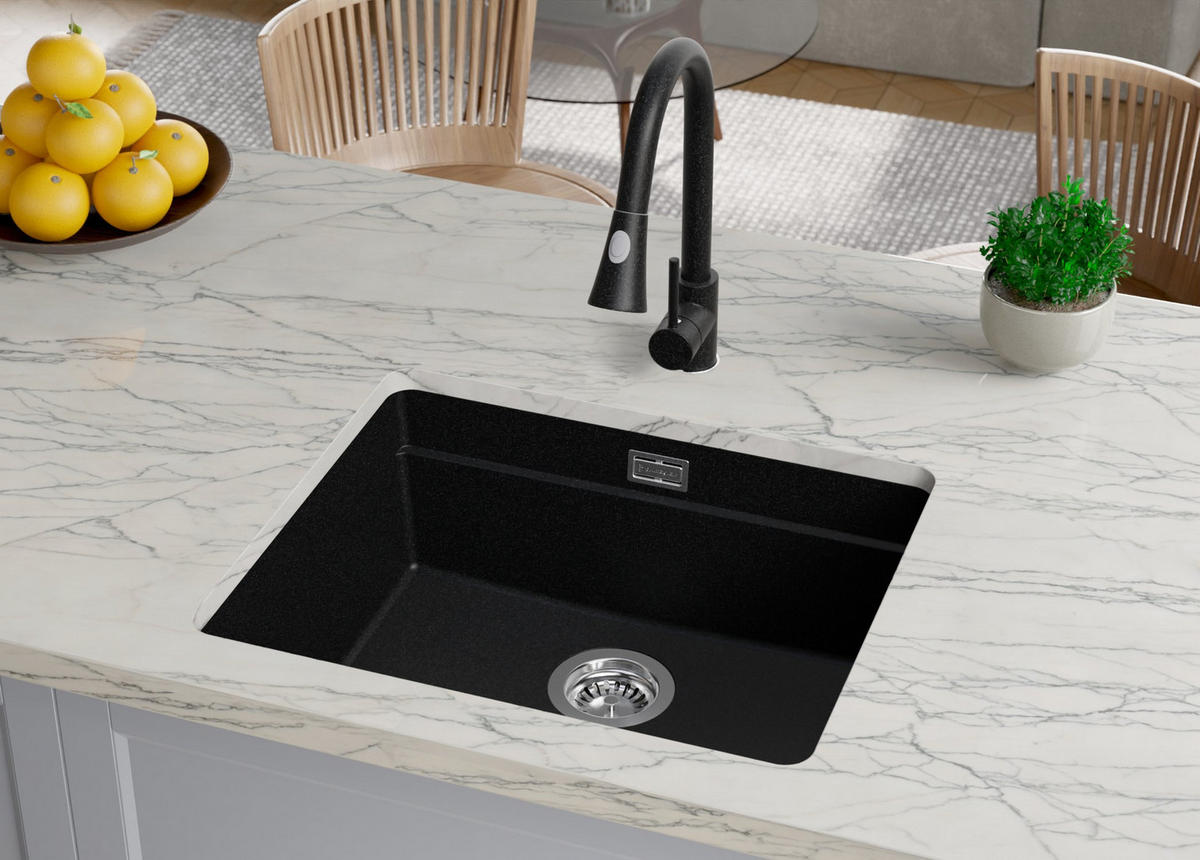 UNTERBAUSPÜLE GRANIT Praga, 2-er set Anthrazit 56/47 cm 1 Becken + Ablauf-Set + Aufrollbare Abtropffläche ab 60er Unterschrank - Chromfarben/Anthrazit, Kunststoff (56/20/47cm) - Primagran