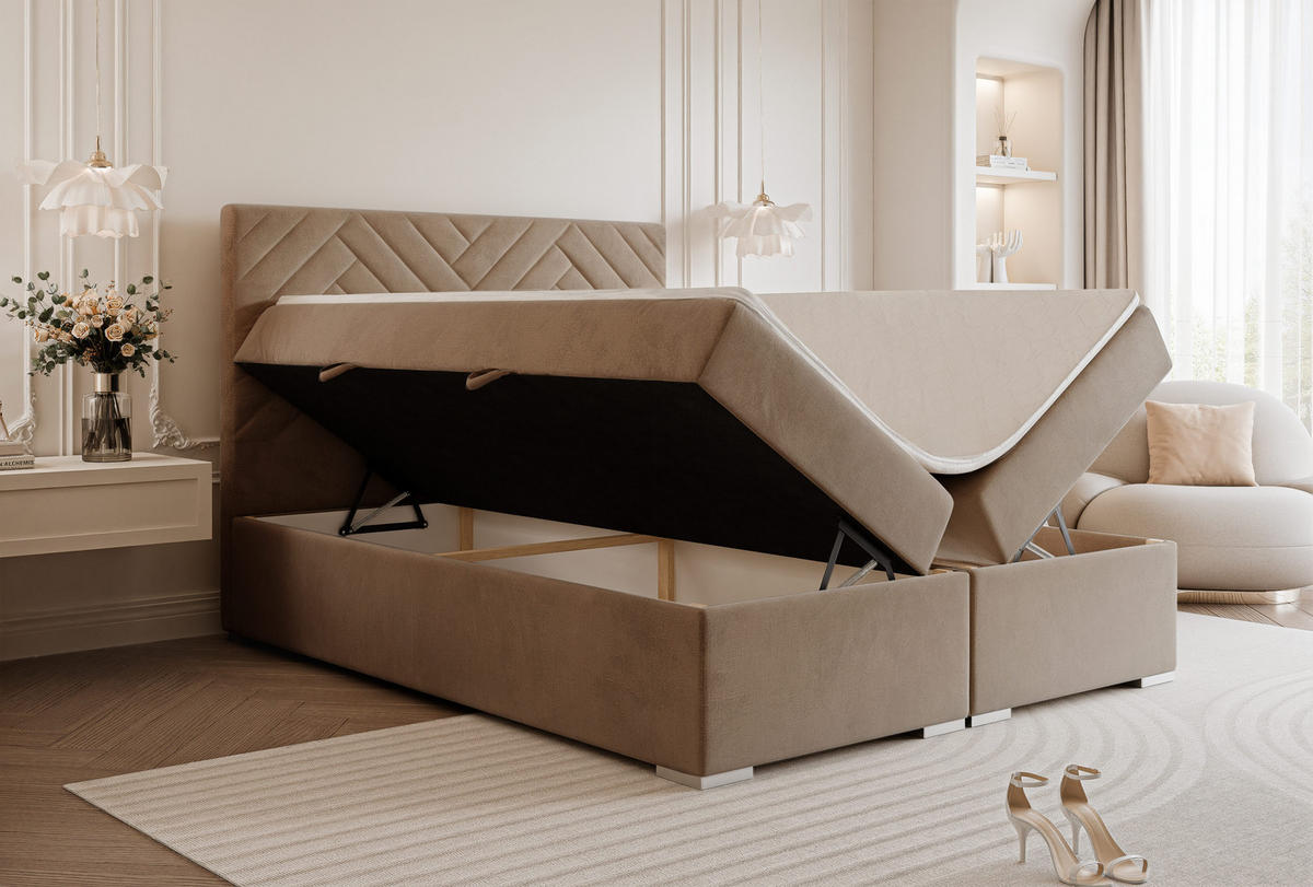BOXBETT NEREA 160/200 cm mit Matratze und Topper, Hellbraun - Hellbraun, Textil (160/200cm) - Idohome