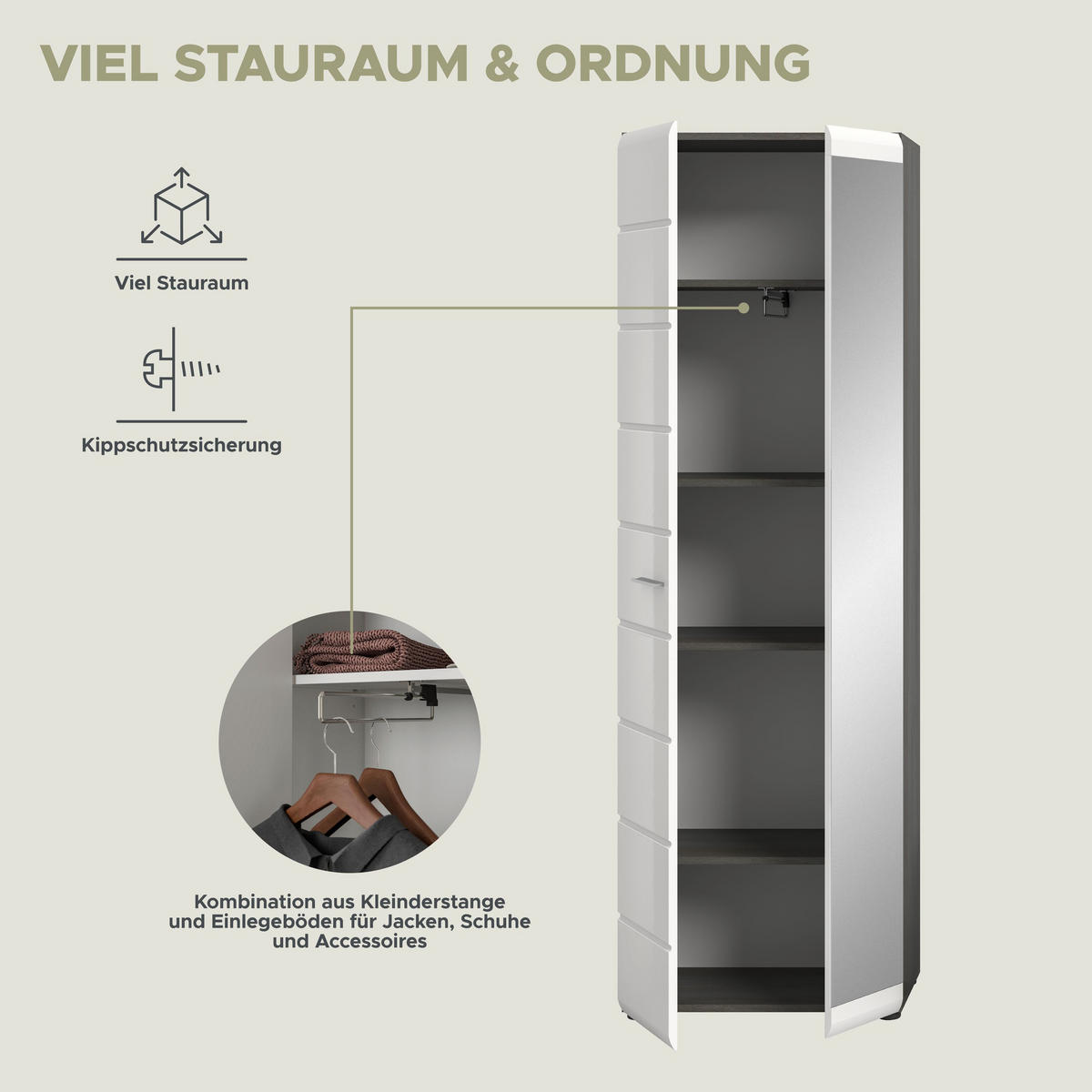 GARDEROBENKOMBINATION Salsa 155x192x37 cm Rauchsilber Weiß 3tlg. - Silberfarben, Holz (155/192/37cm)