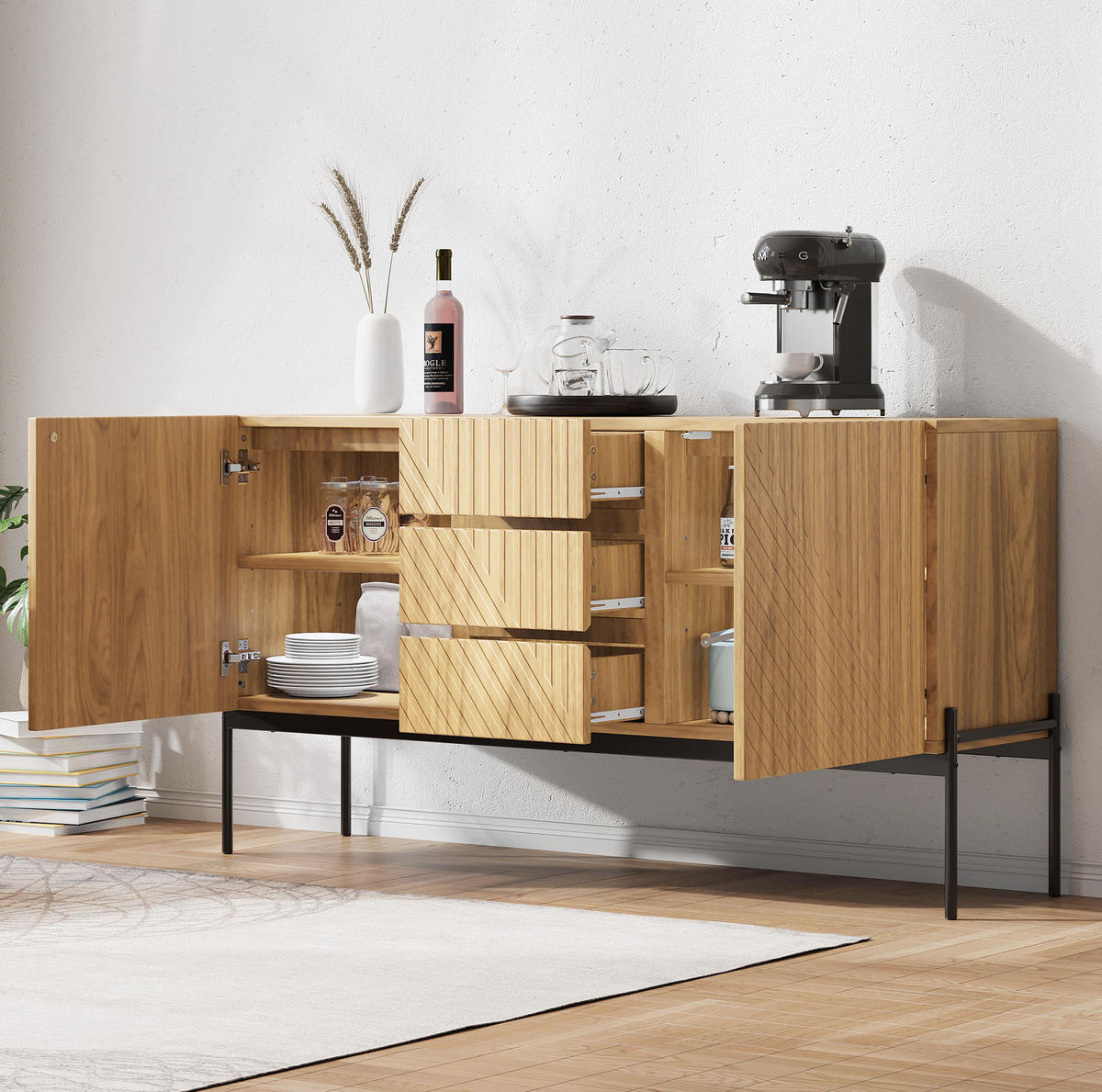 SIDEBOARD 140/40/75 cm in Natural mit 2 Türen, 3 Schubladen und Metallbeinen - Naturfarben, Holzwerkstoff (140/75/40cm) - Flora Grace