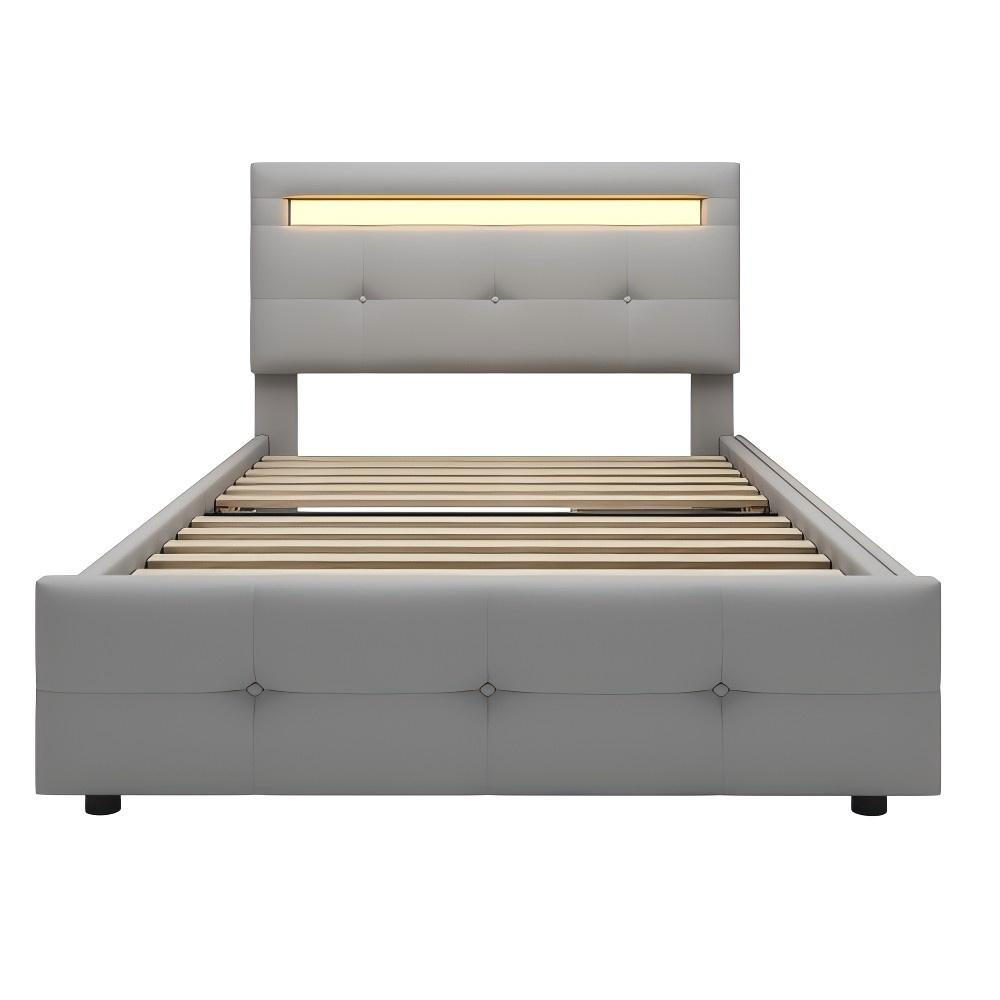 BETT 90x200 GRAU, LED, 2 SCHUBLADEN, LEINEN - Grau, Holzwerkstoff (90/200cm)