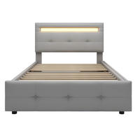 BETT 90x200 GRAU, LED, 2 SCHUBLADEN, LEINEN - Grau, Holzwerkstoff (90/200cm)