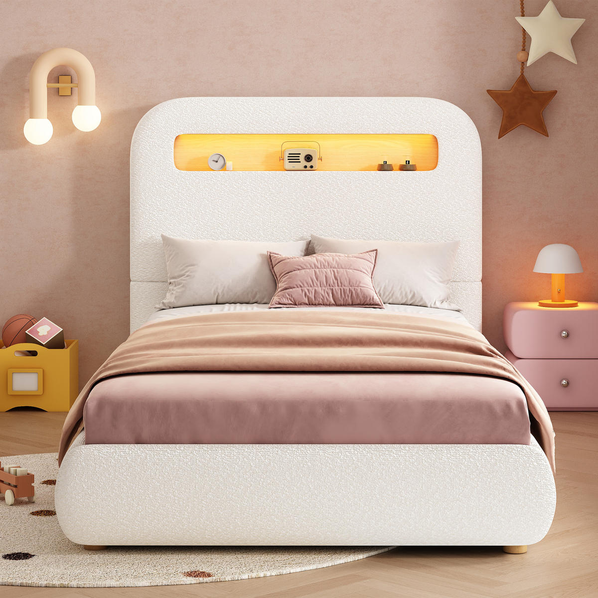 POLSTERBETT 90/200 cm in Weiß mit Bettkasten und LED Bouclé - Beige/Naturfarben, Holzwerkstoff/Textil (90/200cm) - STILVORA