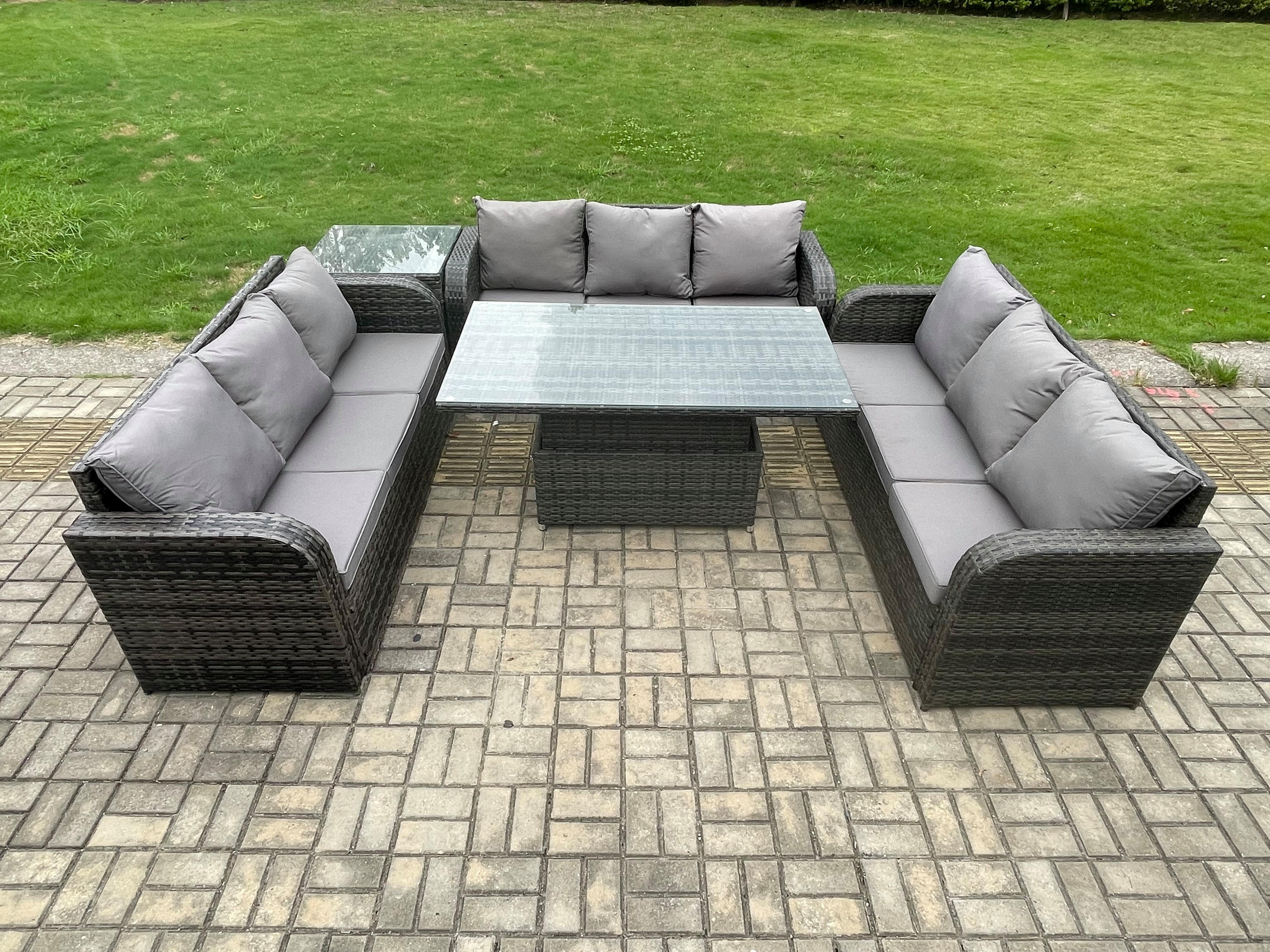 LOUNGESOFA Polyrattan 9-Sitzer - Dunkelgrau/Grau, Glas/Kunststoff - Fimous