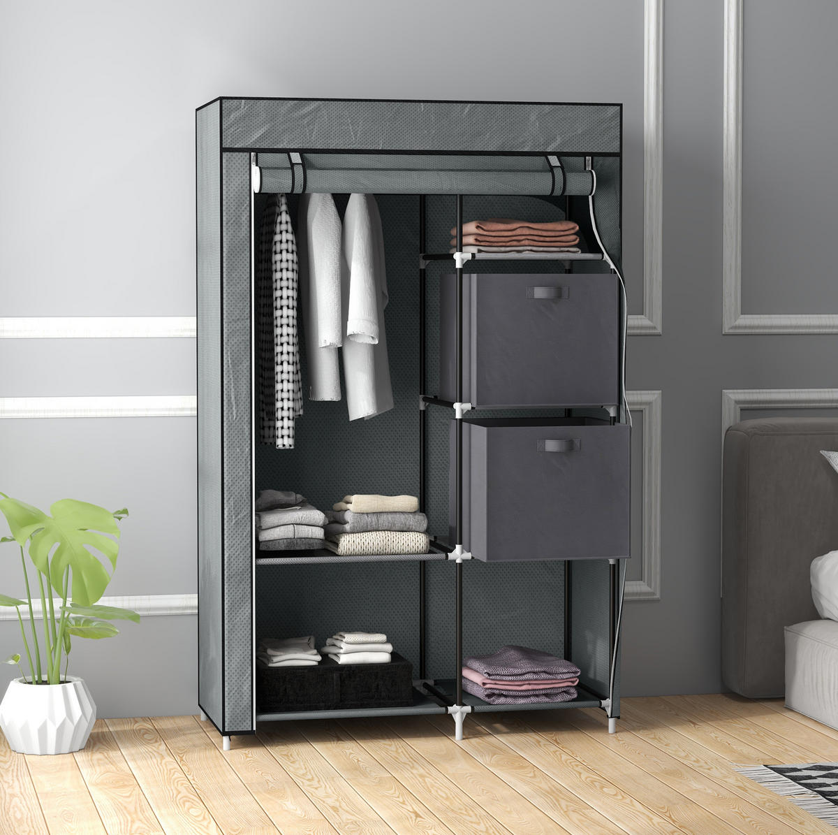 KLEIDERSCHRANK 102/42,5/162,5 cm in Dunkelgrau mit Kleiderstange und 6 Fächern - Dunkelgrau, Metall (102/162.5/42.5cm) - BEAOK