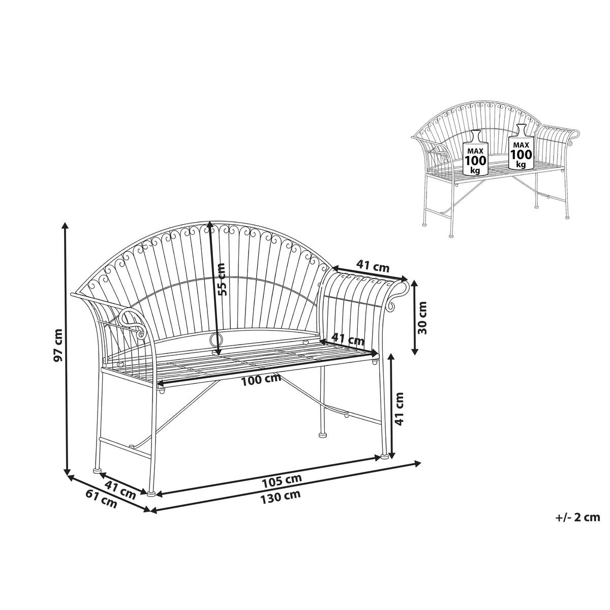 ZAHRADNÍ LAVICE 130 cm Kov Krémově bílá Gualea - bílá/krémová, kov (130/97/61cm) - Beliani