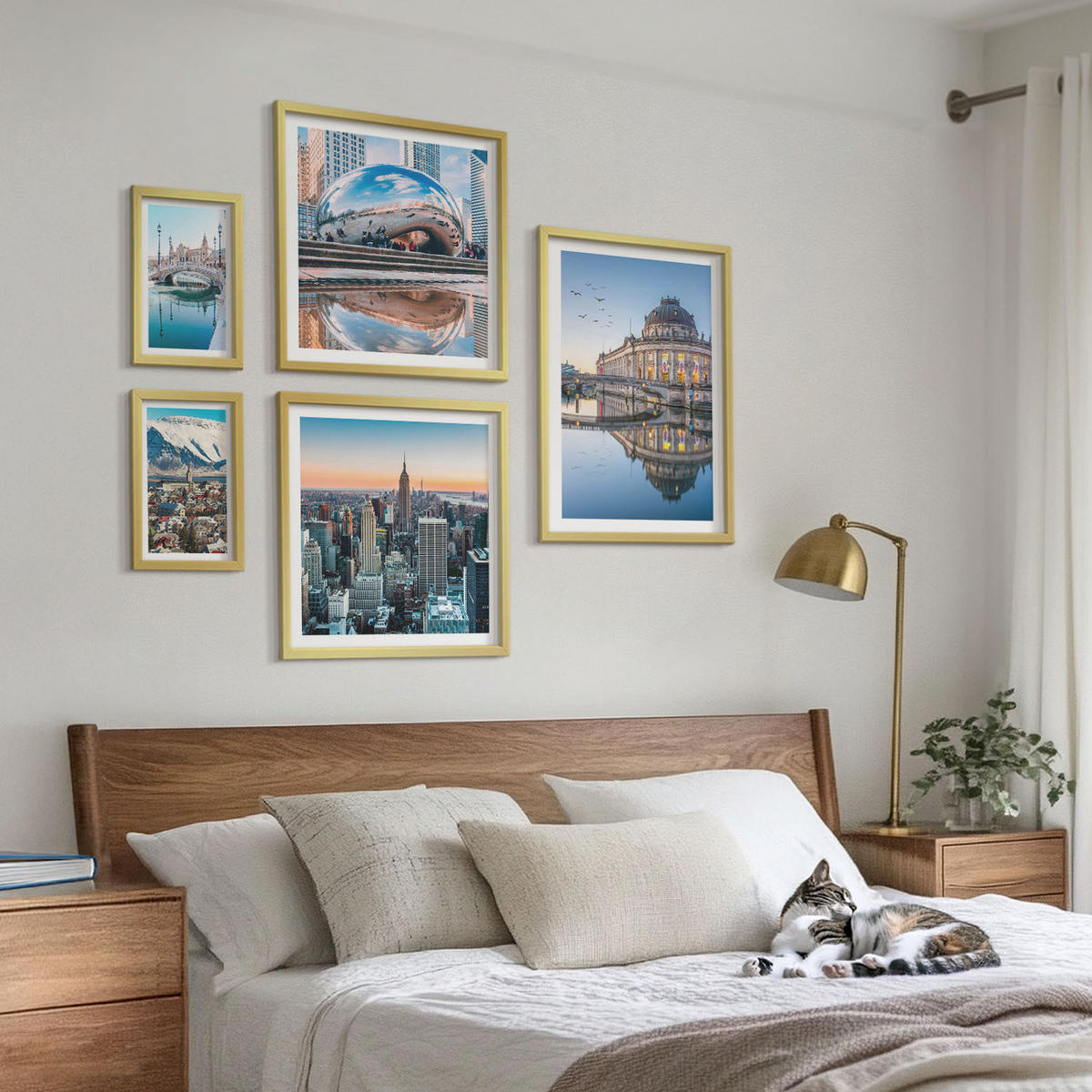 BILDER SET 5er Set - 50x50 cm & 20x30 cm & 40x60 cm Goldrahmen - Architektur von Städten am Wasser - Goldfarben, Kunststoff (40/60cm) - TULUP