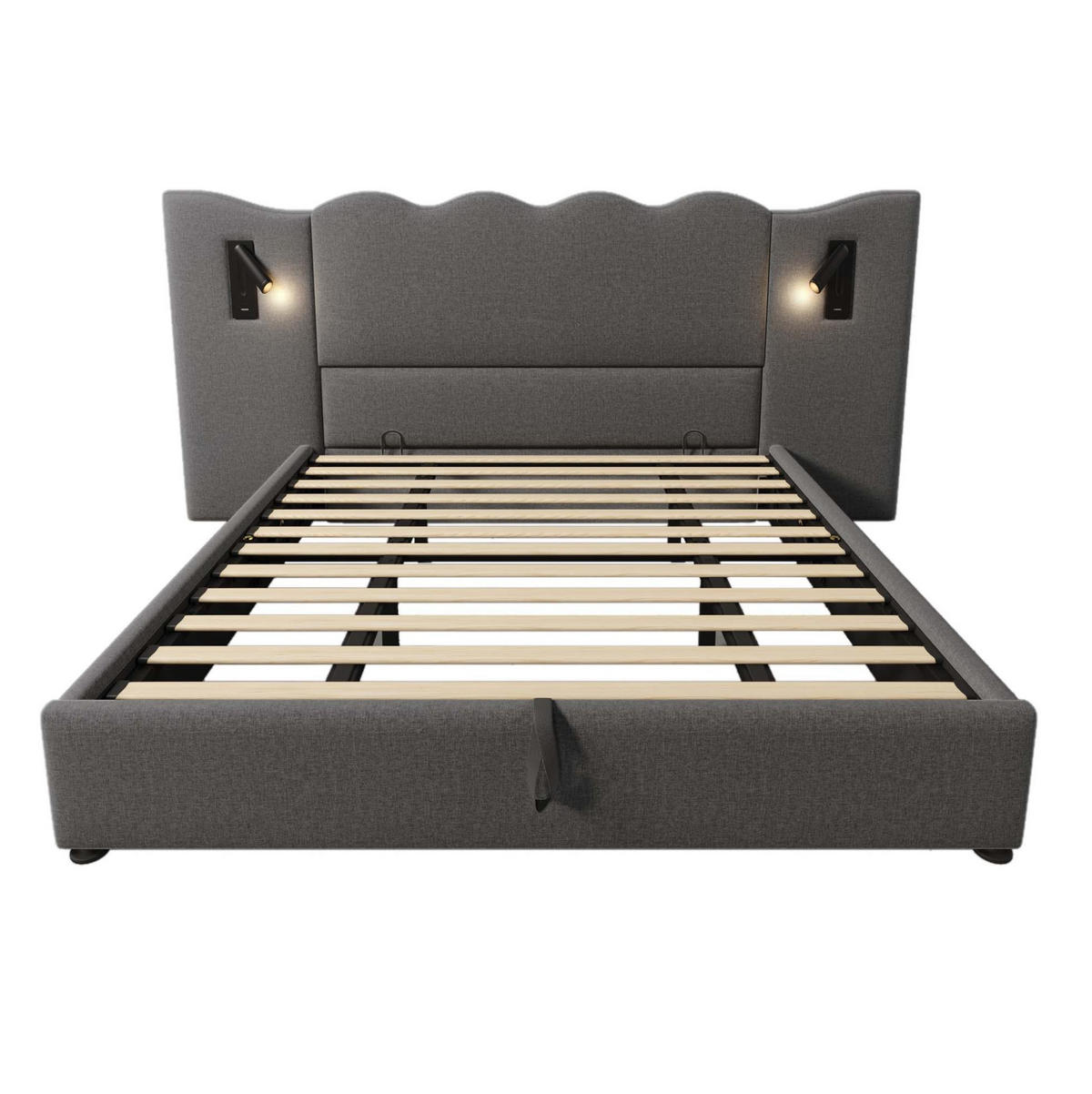 BETT mit Stauraum und Leselampe 180x200 cm Leinen Grau - Grau, Metall (180/200cm) - Meubliv