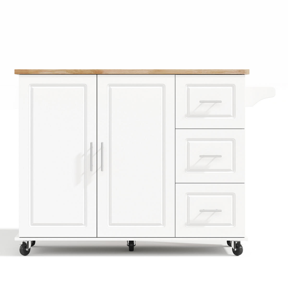KÜCHENINSEL 137/43(76)/92 cm mit klappbarer Arbeitsplatte, 3 Schubladen, Schrank und Rollen aus MDF, Weiß - Weiß, Holzwerkstoff (137/92/76cm) - Redom
