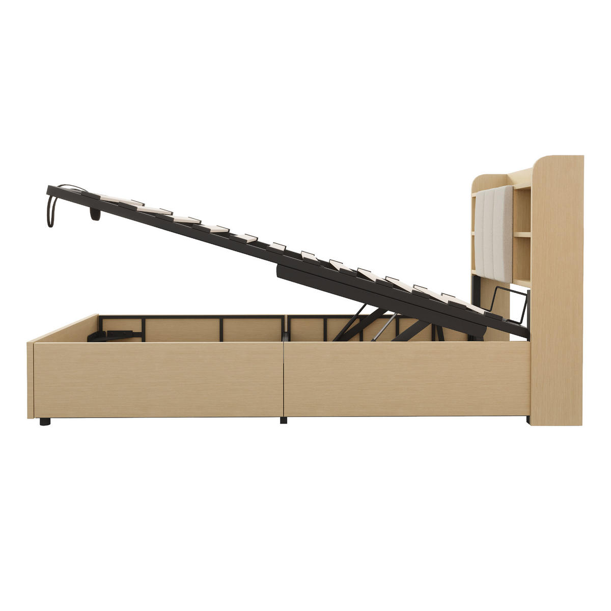 HOLZBETT 90/200 cm mit hydraulischem Bettkasten und USB-Anschluss, Naturholz - Naturfarben, Holzwerkstoff (90/200cm) - OKWISH