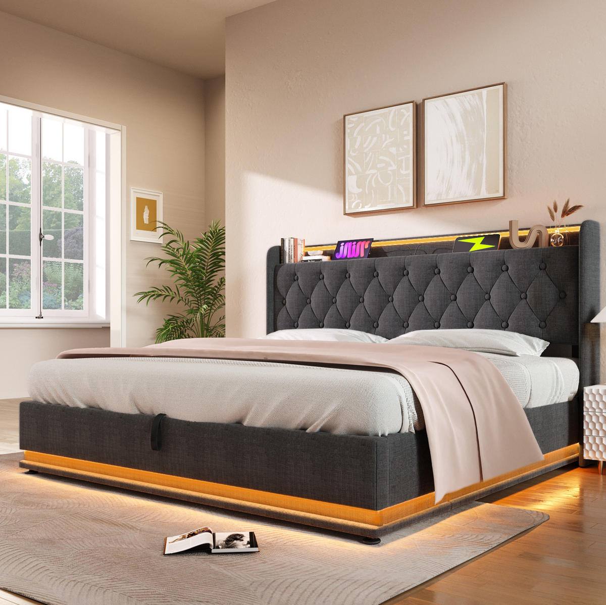 BETT mit LED und Stauraum 140x200 cm Leinen Grey inkl. Matratze - Grau, Metall (140/200cm) - Meubliv
