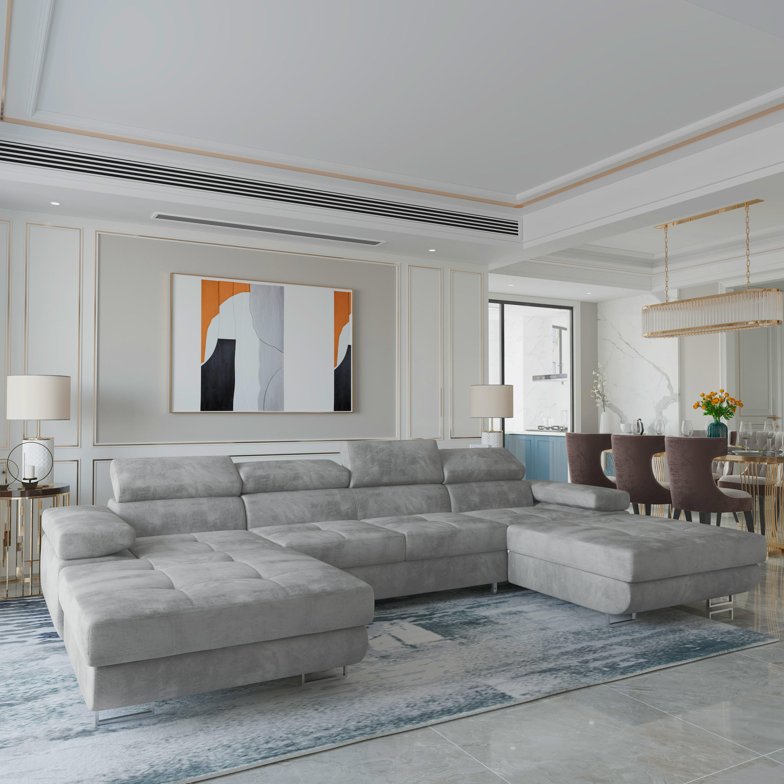 WOHNLANDSCHAFT LYKKE Hellgrau Velours-Stoff mit Schlaffunktion - Hellgrau, Holz (353/90/202cm) - MASSENO