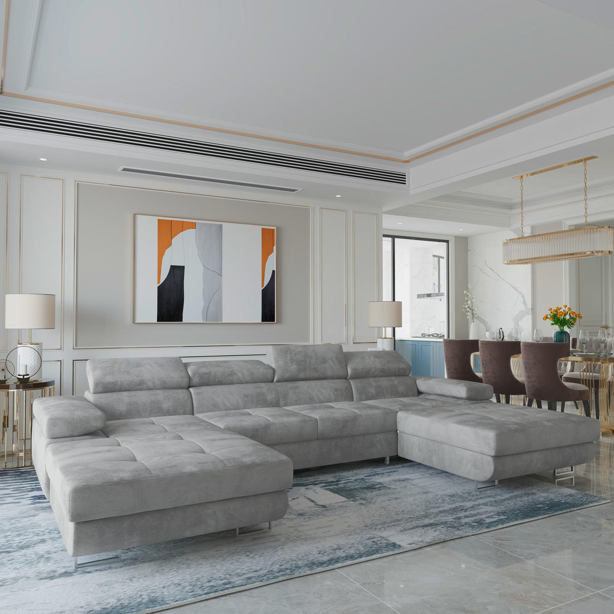 WOHNLANDSCHAFT LYKKE Hellgrau Velours-Stoff mit Schlaffunktion - Hellgrau, Holz (353/90/202cm) - MASSENO