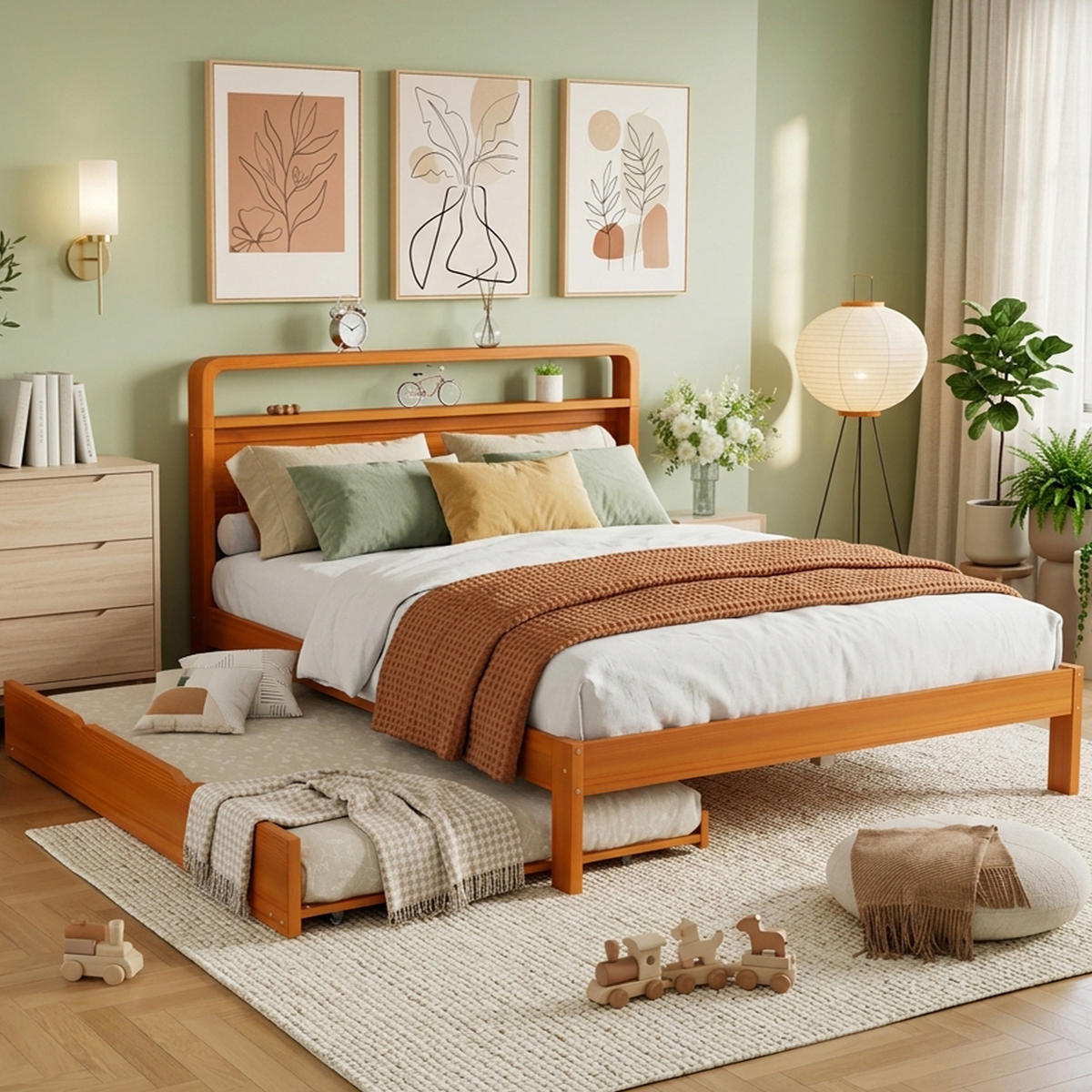 BETT 140/200 cm in Natur mit Ausziehbett, Gästebett und abgerundetem Kopfteil aus Holz - Naturfarben, Holzwerkstoff (140/200cm) - STILVORA