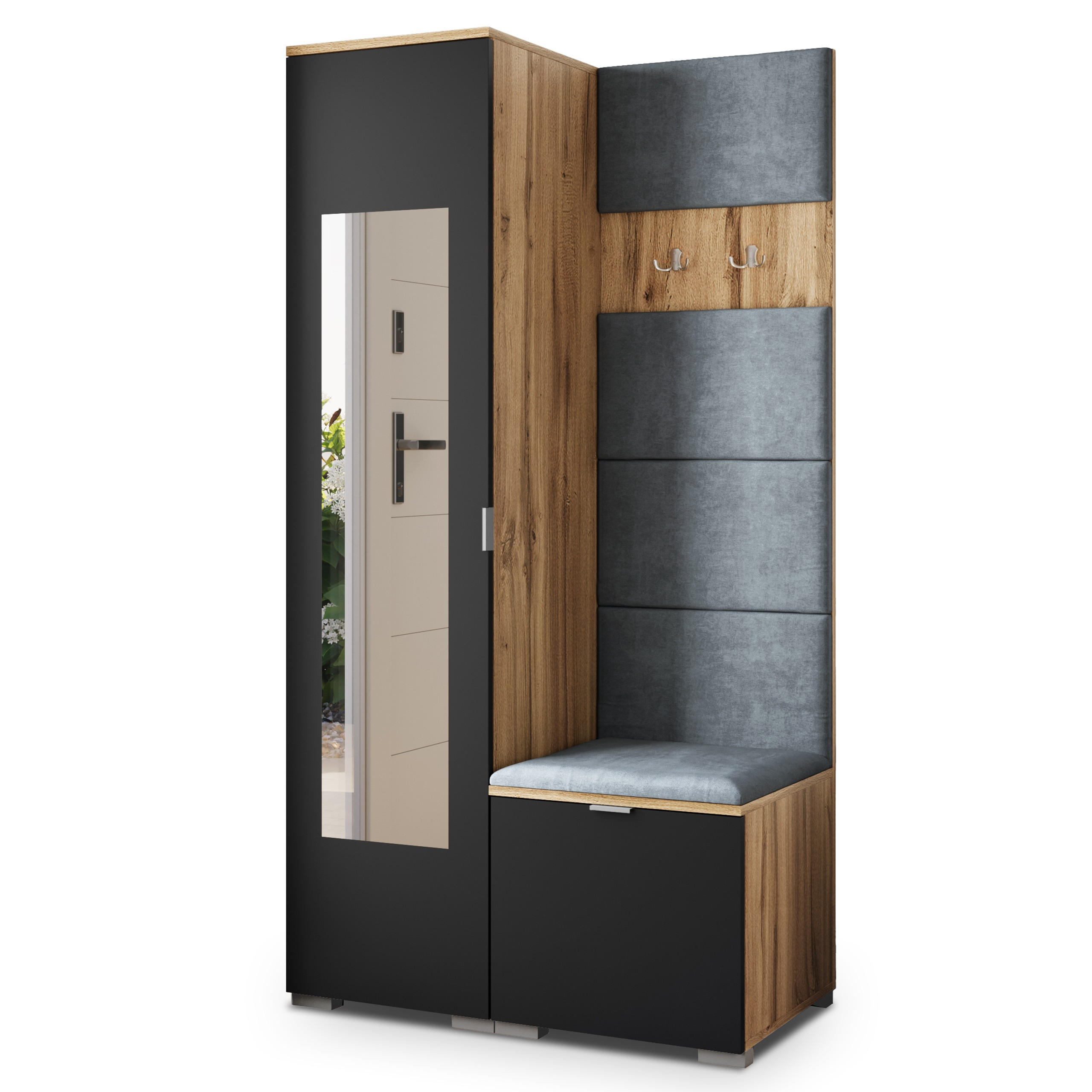 Masseno Garderobenschrank Eiche Wotan, Schwarz, Grau 95x181x51 cm