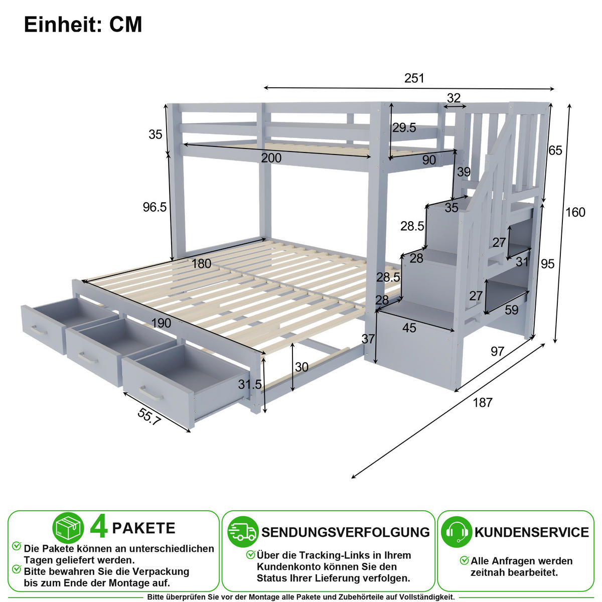 ETAGENBETT 90/200 cm & 180/190 cm in Grau mit 3 Schubladen und Stauraumleiter - Grau, Holz/Holzwerkstoff (90/200cm) - CHICFURN