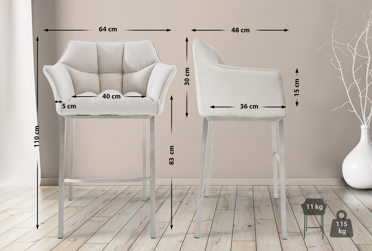 BARHOCKER Stoff weiß - Edelstahlfarben/Weiß, Textil/Metall (64/110/48cm) - CLP