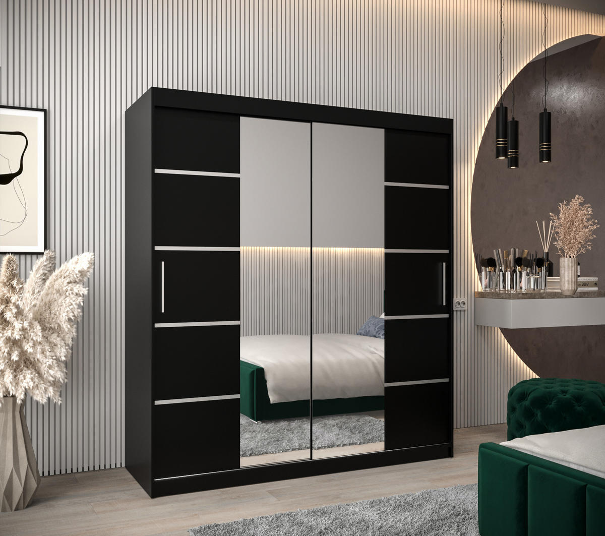SCHWEBETÜRENSCHRANK 200/180/62 2-türig - Silberfarben/Schwarz, Holz/Kunststoff (180/200/62cm) - MÖBEL KRYSPOL