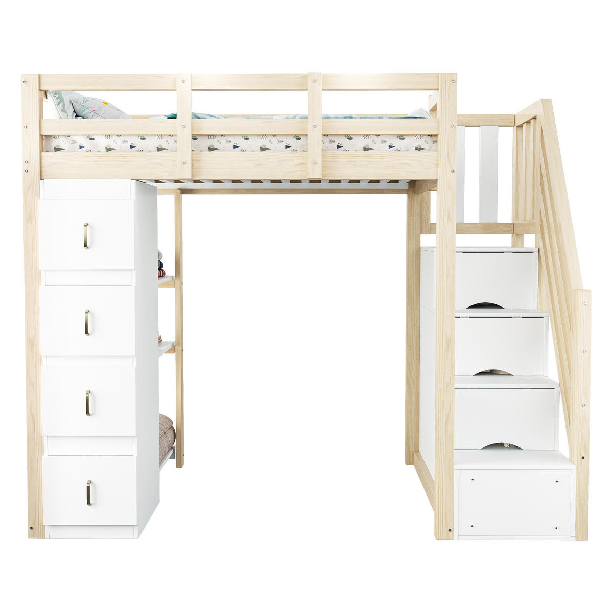HOCHBETT 90/200 cm in Naturholz mit 4 Schubladen, Regal und Sicherheitsleiter - Weiß/Naturfarben, Holz/Holzwerkstoff (90/200cm) - WISHDOR