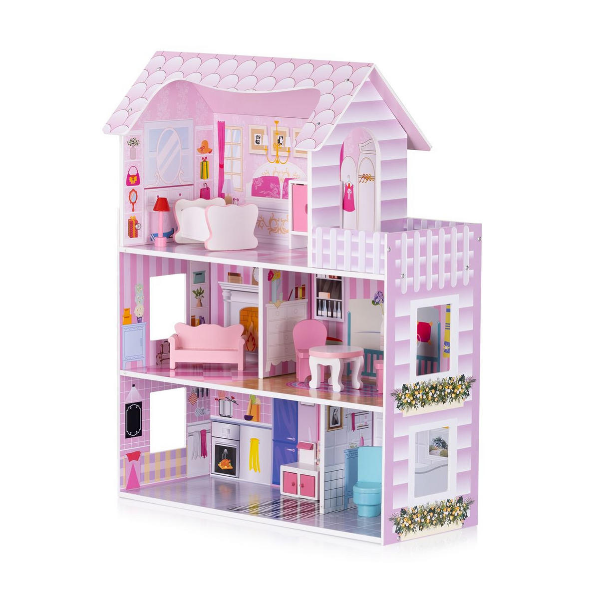 PUPPENHAUS DIWH02408 rosa 60 x 24 cm, MDF, 9-teiliges Möbel-Set, 5 Räume, Balkon, ab 3 Jahren - Rosa, Holz (24/70/60cm) - Chipolino