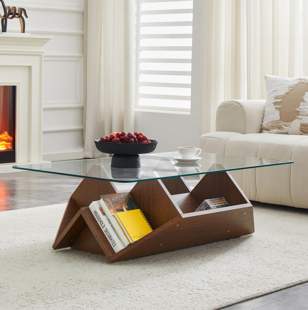 COUCHTISCH 103/63/33 cm mit Glasplatte, offenen Ablagefächern und MDF-Gestell in Walnussoptik, Walnuss - Walnussfarben, Holzwerkstoff (103/63/33.5cm) - Redom