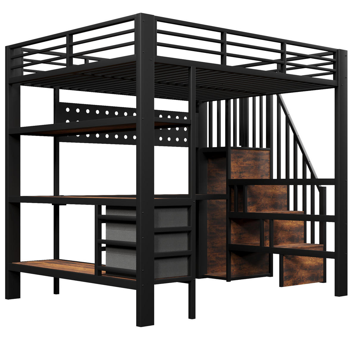 HOCHBETT 140/200 cm, Schwarz mit Ablagefläche, Schubladen, LED - Schwarz, Metall (140/200cm) - MIVRAY