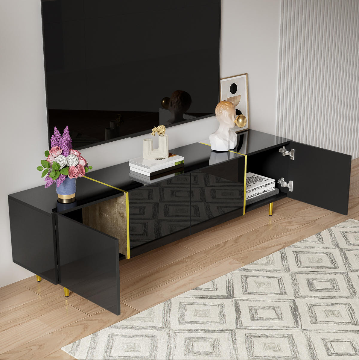 TV ormarić 170/35/46 cm crni od MDF-a s visokim sjajem i 4 vrata - crna, drvni materijal (170/46/35cm) - OKWISH