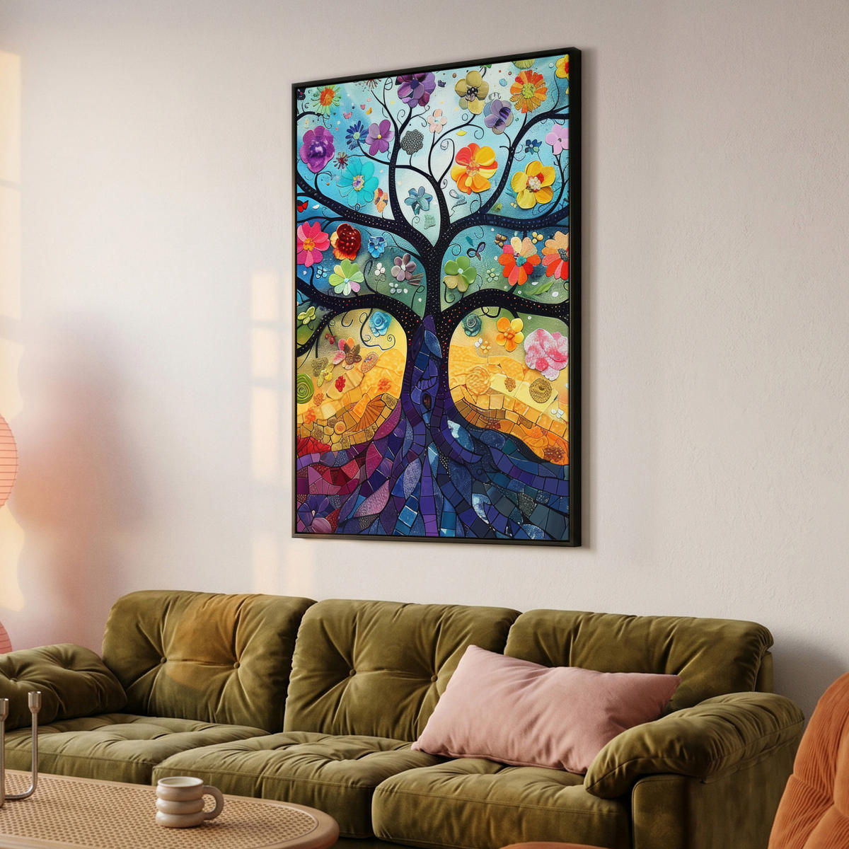 LEINWAND Bilder mit Rahmen - Kunst - Baum des Lebens - Blumen - Hippie - 100x150 - Dunkelblau, Textil (100/150cm) - MuchoWow