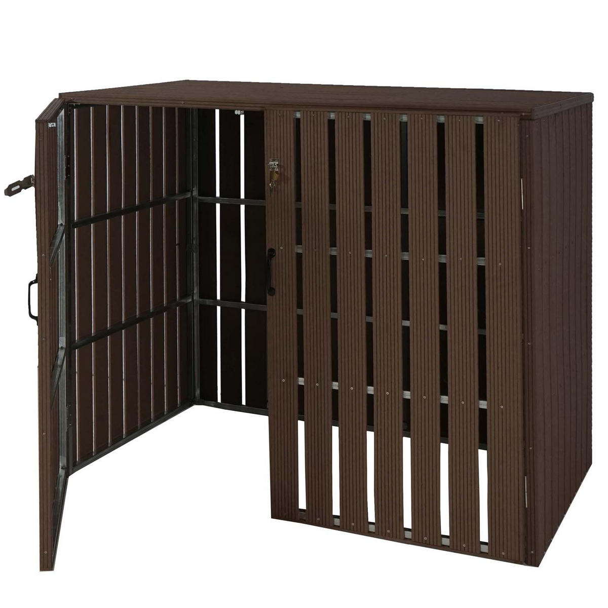 MÜLLTONNENBOX XL 2er-/4er-WPC HxBxT 115x140x100cm Metall Holzoptik erweiterbar Braun - Braun, Metall (140/115/100cm) - PROREGAL