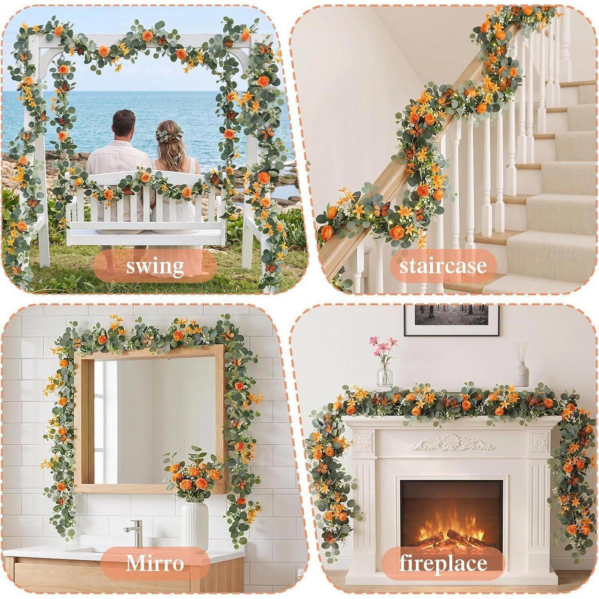 KÜNSTLICHE Blumengirlande 2er Set 200 cm mit Schmetterlingen und Blumen Orange - Multicolor, Kunststoff (200cm)