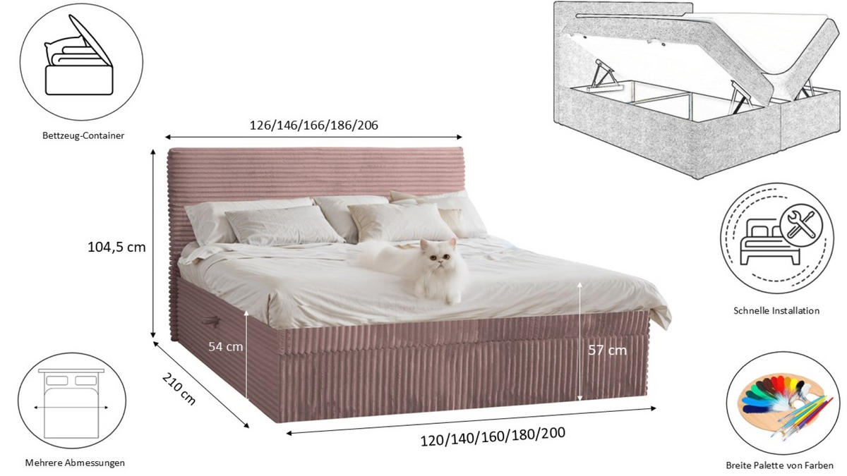 BOXBETT Bettkasten Und Topper TRENTO Ohne Bein Stoff Plüsch Cord 180x200 cm Rosa H2-Pocket - Rosa, Holz/Textil (180/200cm) - Kaiser Möbel