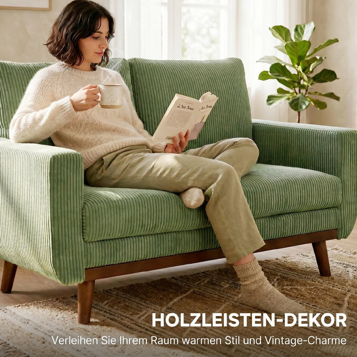 2-SITZER-SOFA Cord Grün - Naturfarben/Grün, Holz/Textil (74/84/134cm) - HOMCOM