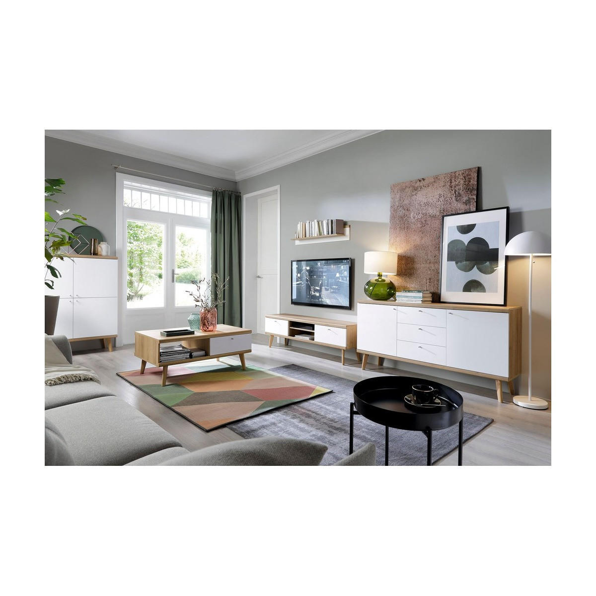 WOHNZIMMER Set 5-tlg. – Primo – Weiß / Sonoma Eiche - Weiß, Holzwerkstoff (160/50/40cm) - hi-markt