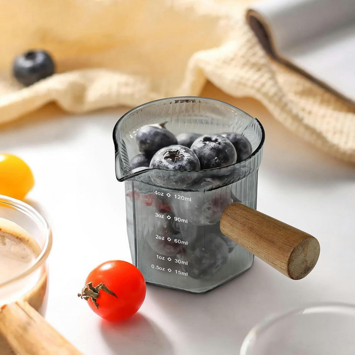 MESSBECHER 120 ml Rauchgrau mit Holzgriff - Anthrazit, Glas (0.12L)