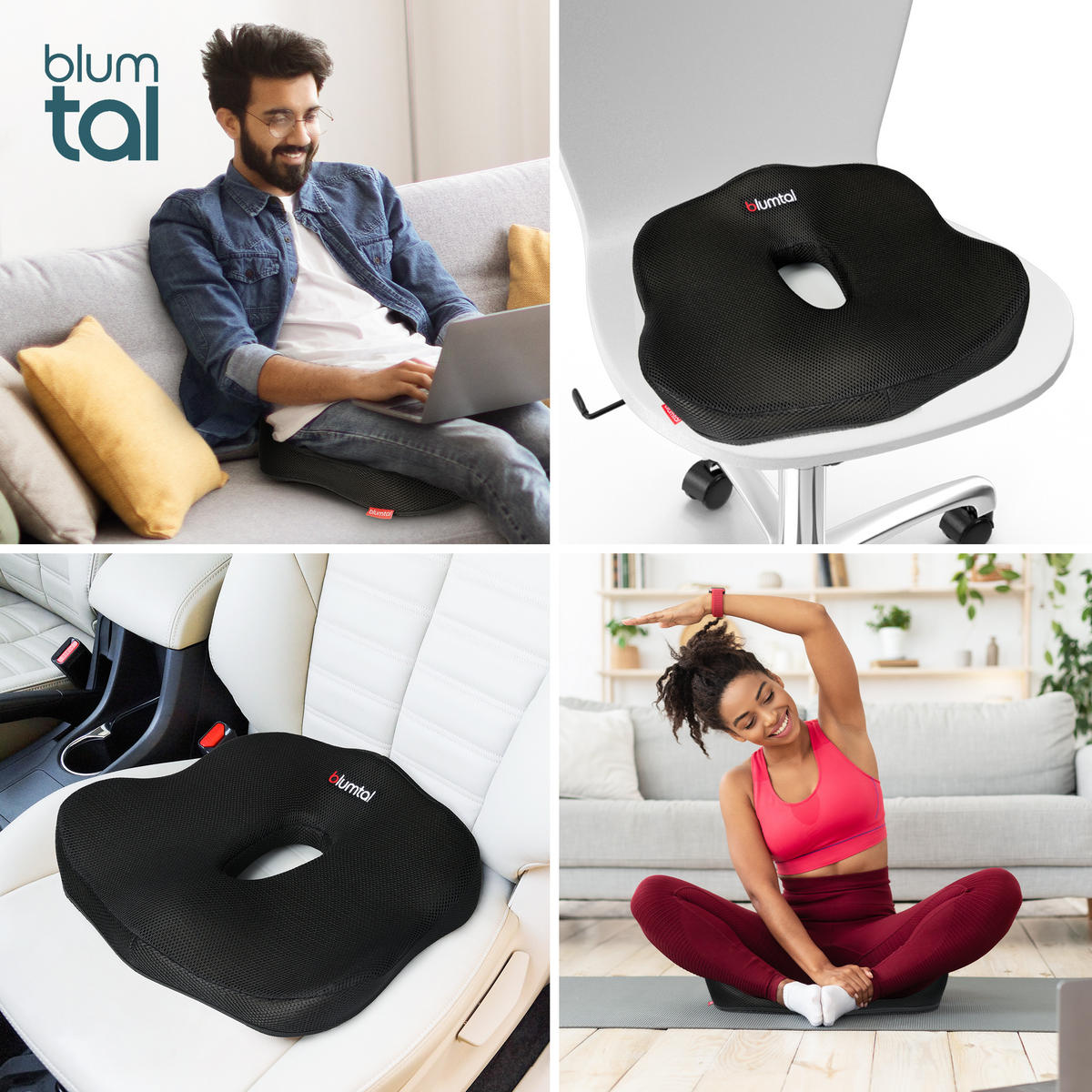 SITZKISSEN aus Memory Foam – Orthopädisches Steißbeinkissen für Bürostuhl & Auto, ergonomisch, Schwarz - Schwarz, Textil (26/18/15cm) - Blumtal