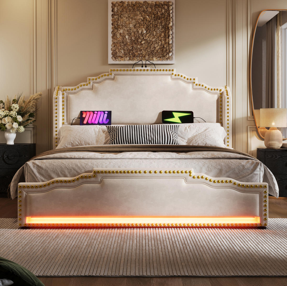 BETT mit 4 Schubladen LED USB-C 140x200 cm Samt Beige mit Matratze - Beige, Metall (140/200cm) - Meubliv