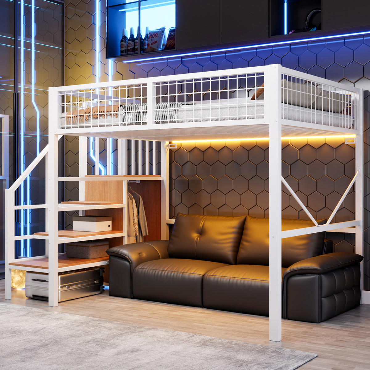 HOCHBETT aus Metall und Holz 140x200 cm Weiß mit Stauraumleiter, Kleiderstange und LED-Beleuchtung - Weiß, Metall (140/200cm) - Modfu