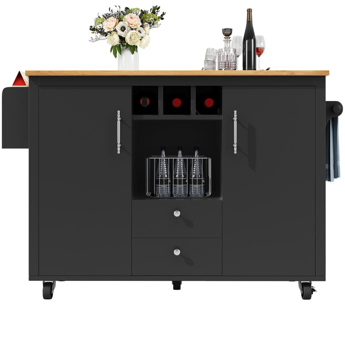 KÜCHENINSEL 137,9/73/92,2 cm in Schwarz mit Klapptisch und Rollen - Schwarz, Holzwerkstoff (137.9/92/73cm) - Flora Grace