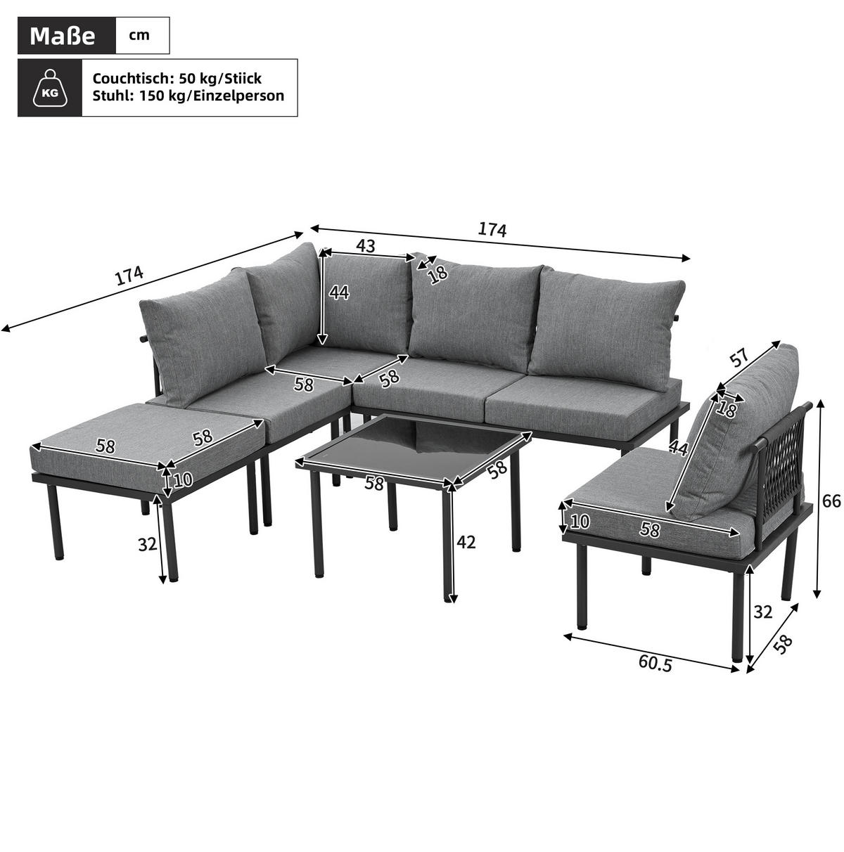 GARTENSET 231x174x66cm grau aus Stahl und Olefin, verstellbar - Grau, Metall - Modfu