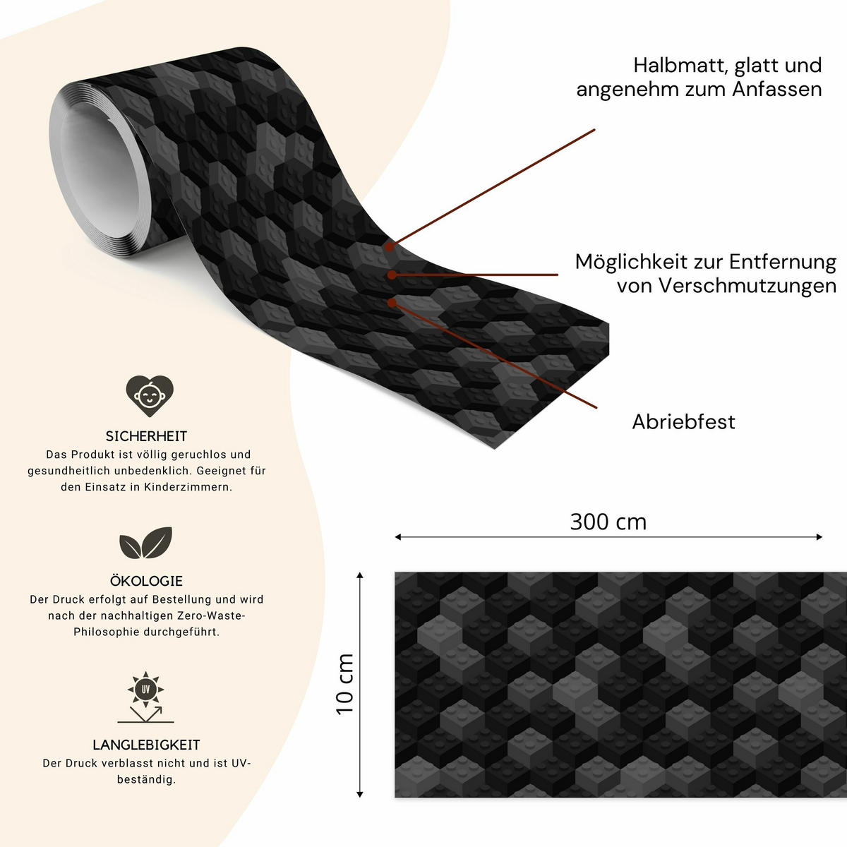 TAPETENBORDÜRE selbstklebend schwarze und graue BLÖCKE 3D Effekt - Schwarz, Papier (10/300/300cm) - Muralo