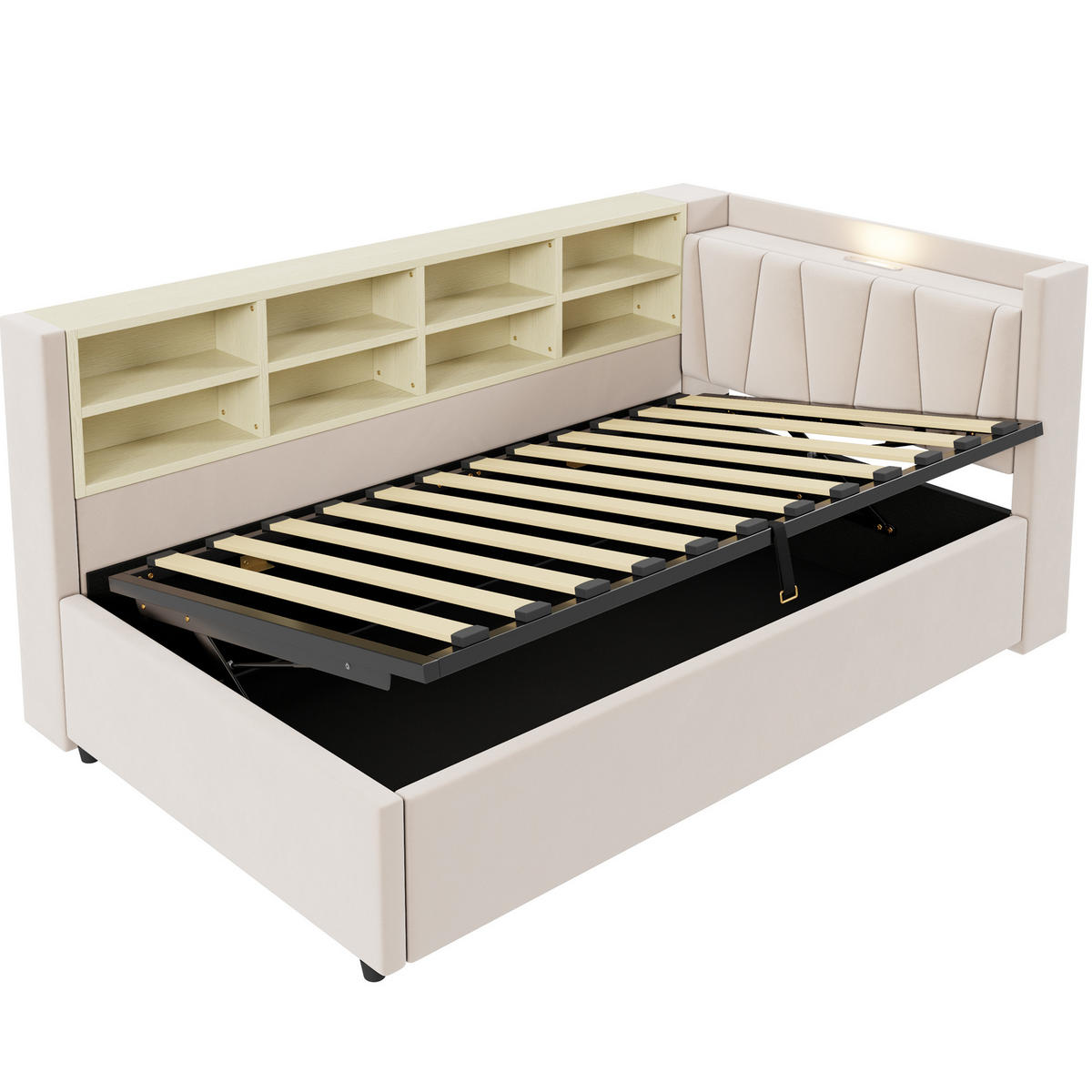 POLSTERBETT 90/200 cm Beige mit Stauraum mit LED-Beleuchtung aus Samt - Beige, Textil (90/200cm) - OKWISH