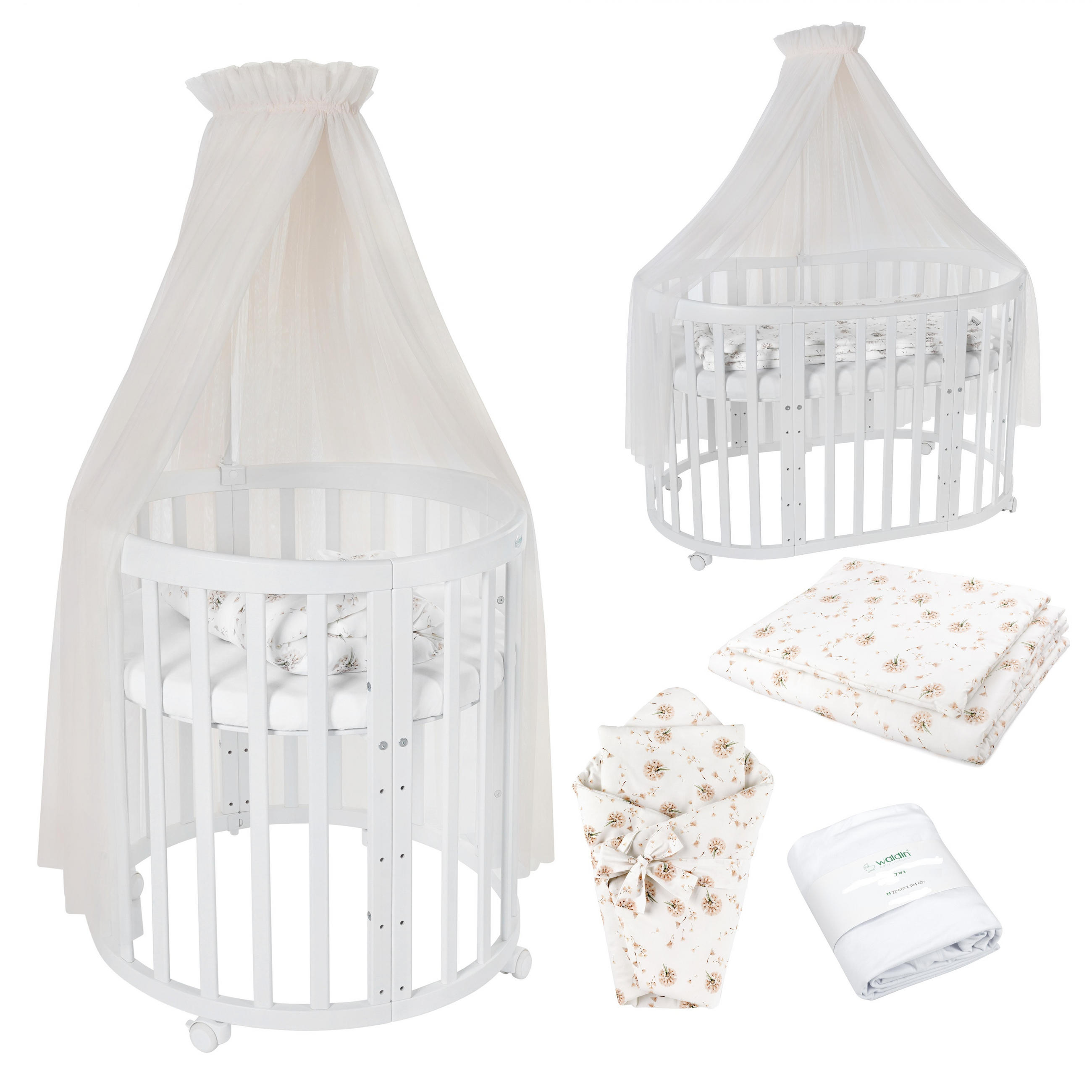 BABYBETT WHITE OVAL 7in1 mit Matratze und Himmelset - Champagner/Naturfarben, Holz/Textil
