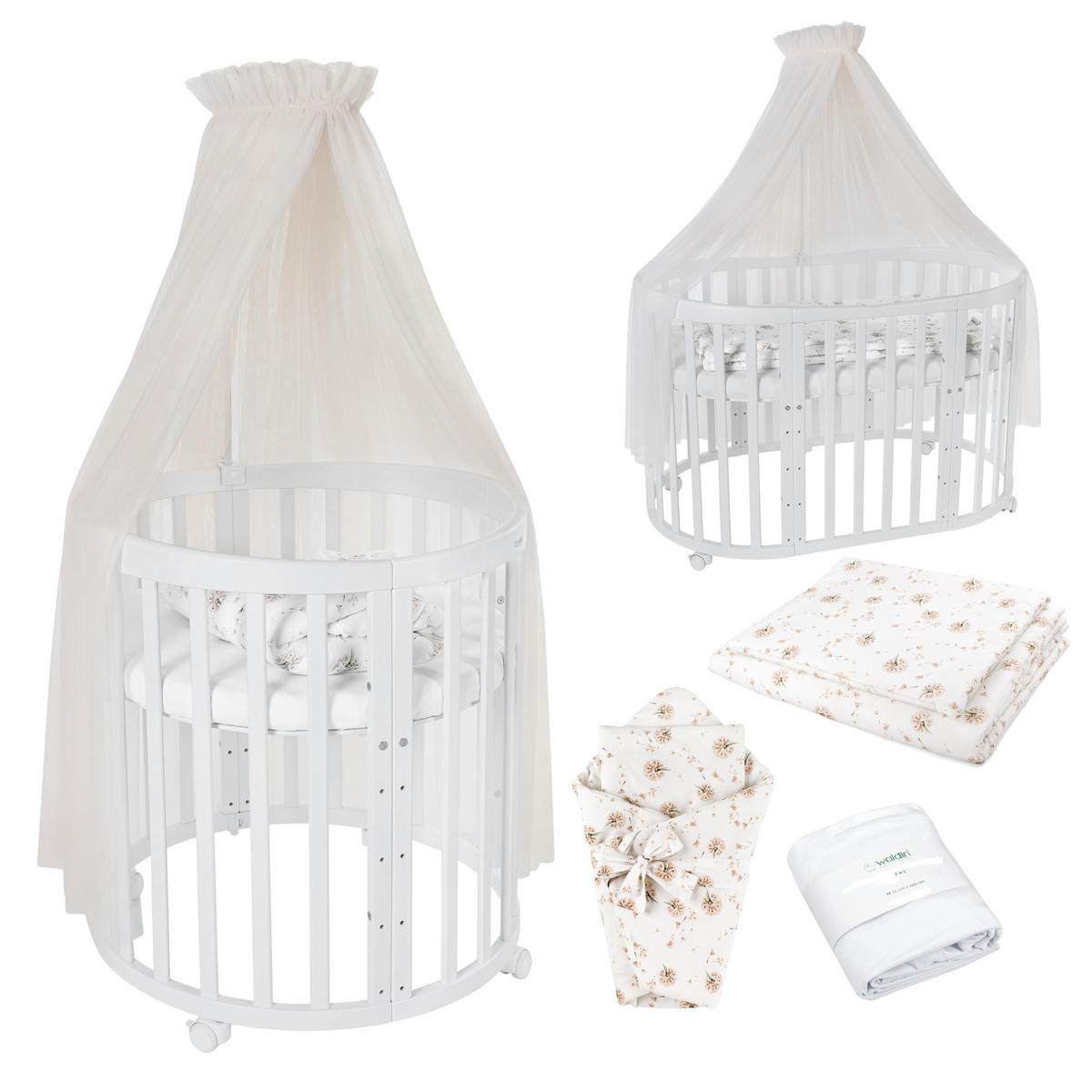 BABYBETT WHITE OVAL 7in1 mit Matratze und Himmelset - Champagner/Weiß, Holz/Textil