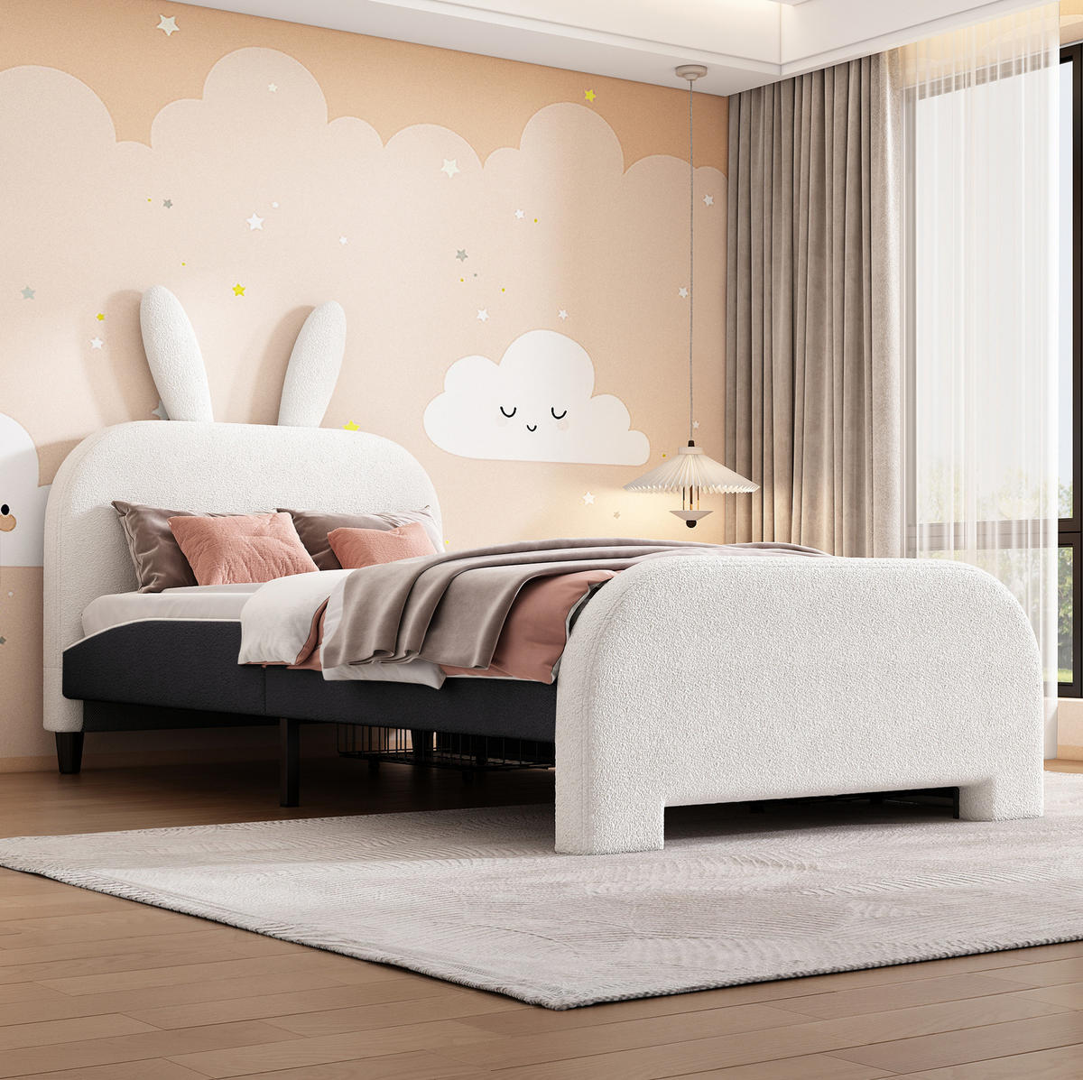 KINDEREINZELBETTEN aus Plüsch und MDF 90x200 cm in Weiß mit 2 Schubladen - Weiß, Textil (90/200cm) - Modfu